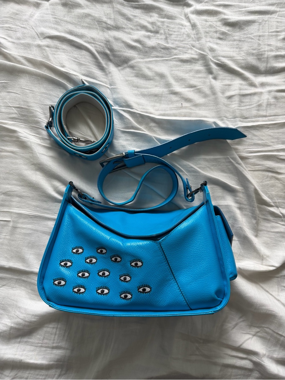 Blue Houston Eye-Embellished Leather Shoulder Bag Min & Mon with extra strap
